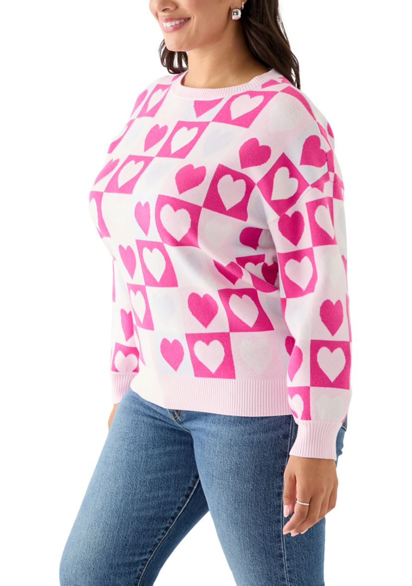 Plus Size Heart Block Crew Neck Sweater