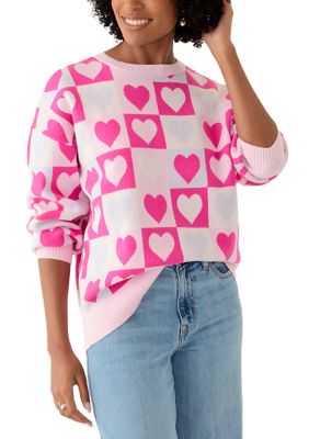 Crown & Ivy Women's Heart Block Crew Neck Sweater, XL