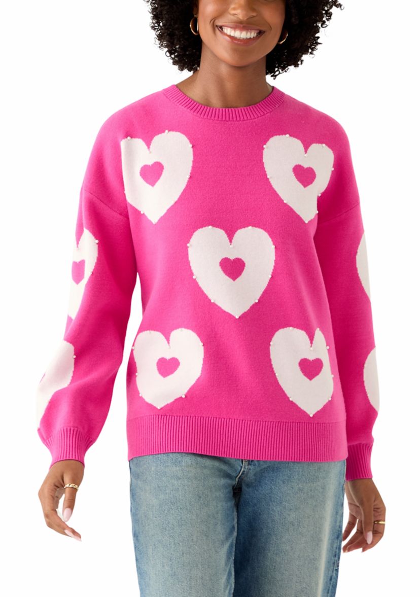 Crown & Ivy™ Women's Pink Heart Crew Neck Sweater | Belk
