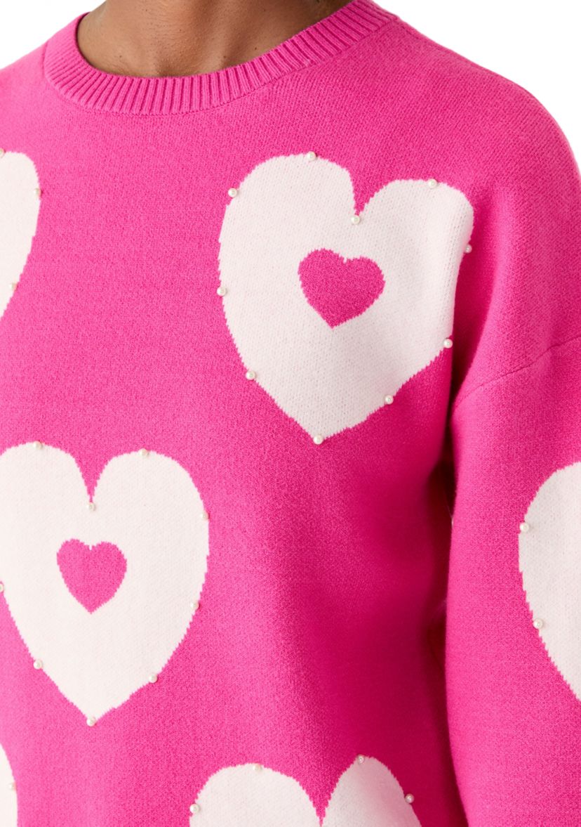 Crown & Ivy™ Women's Pink Heart Crew Neck Sweater | Belk