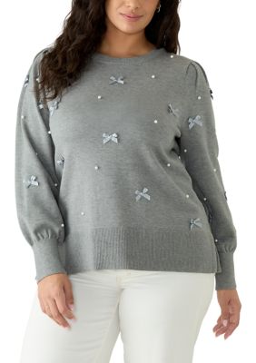 Crown & Ivy Women's Plus Size Long Sleeve Tunic Embroidered Sweater