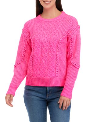 Crown & Ivy Women's Braided Cable Knit Sweater, Pink, XXL