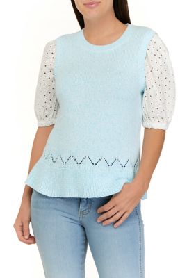 Women's 2Fer Eyelet Puff Sleeve Sweater