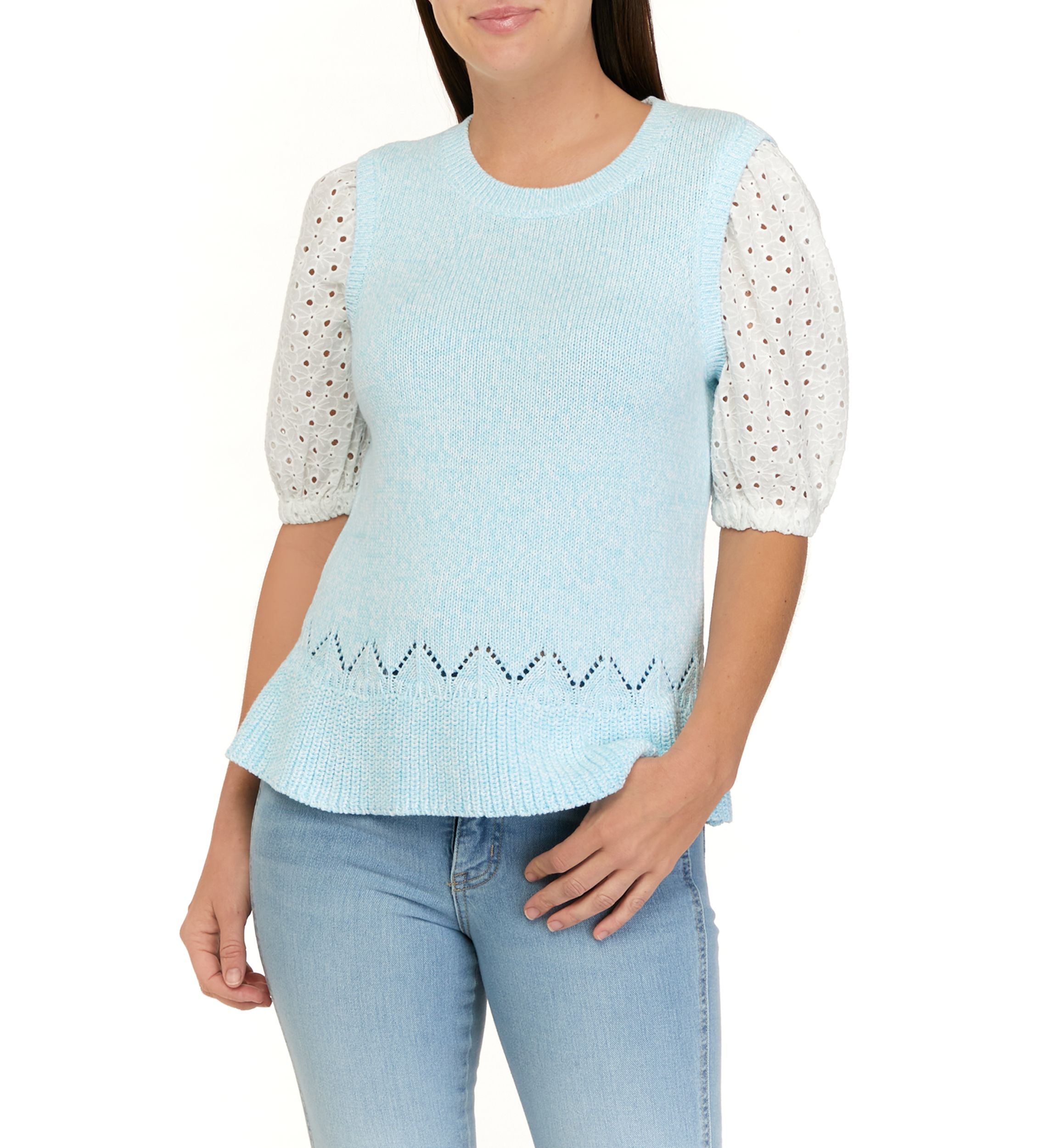 Womens 2Fer Eyelet Puff Sleeve Sweater
