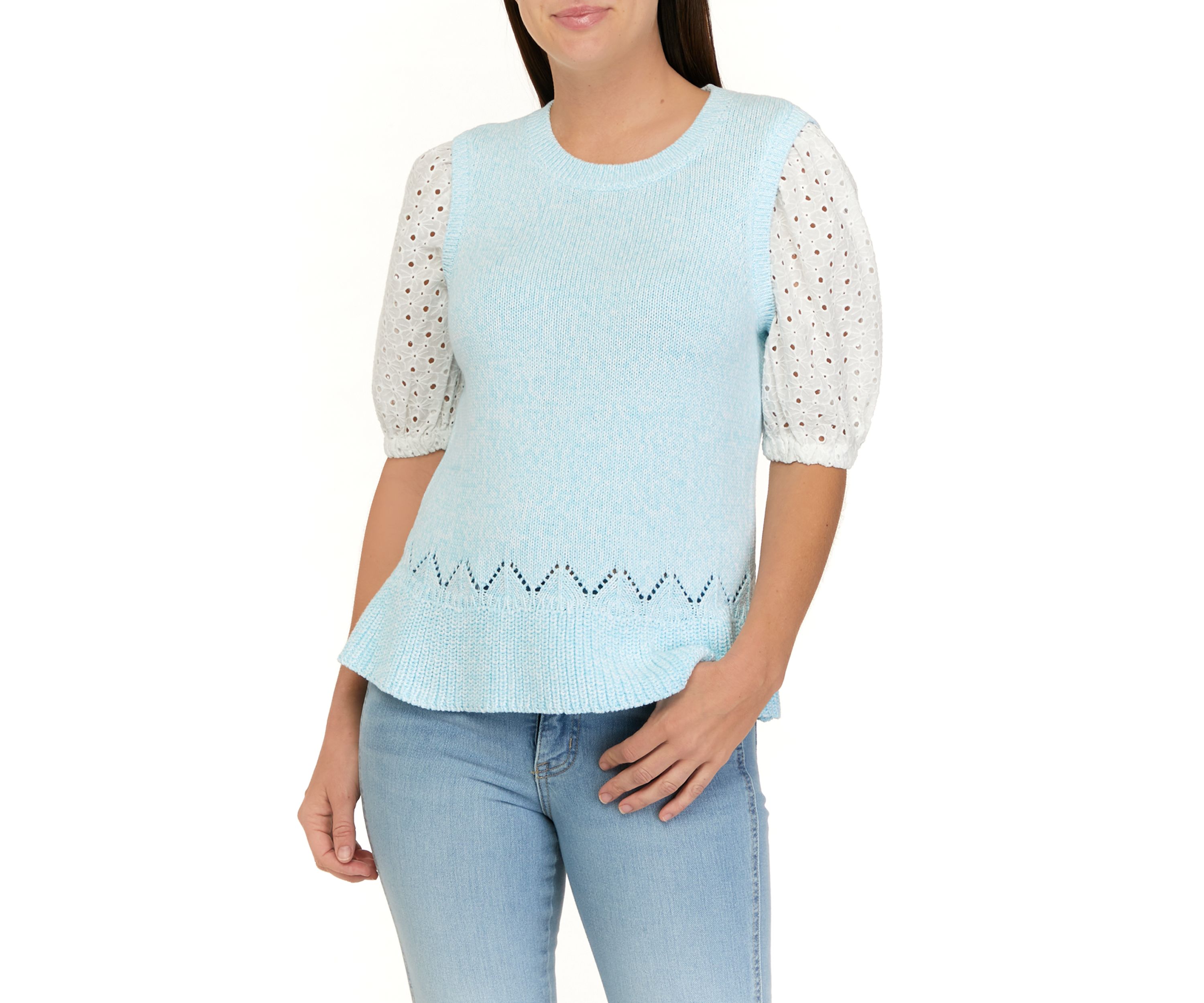 Womens 2Fer Eyelet Puff Sleeve Sweater