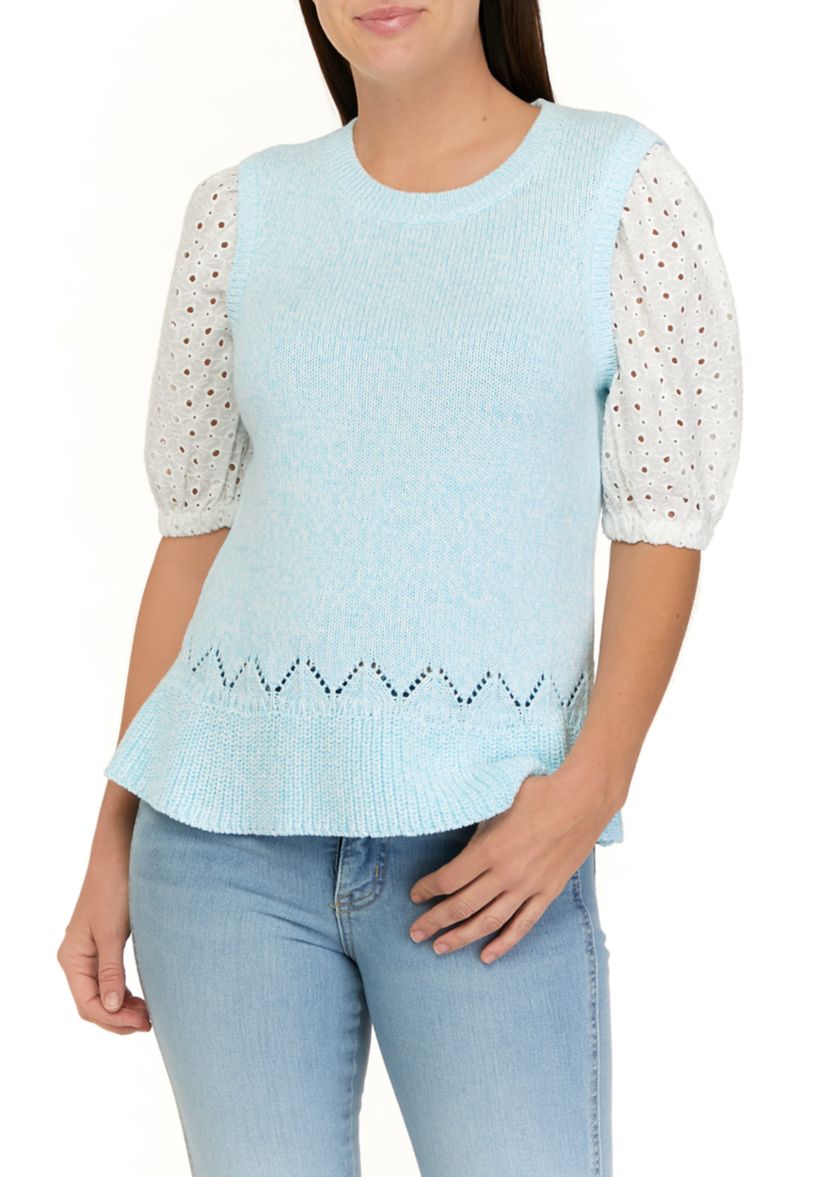 Womens 2Fer Eyelet Puff Sleeve Sweater