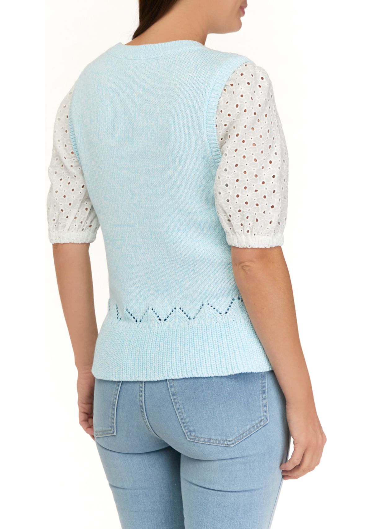 Womens 2Fer Eyelet Puff Sleeve Sweater