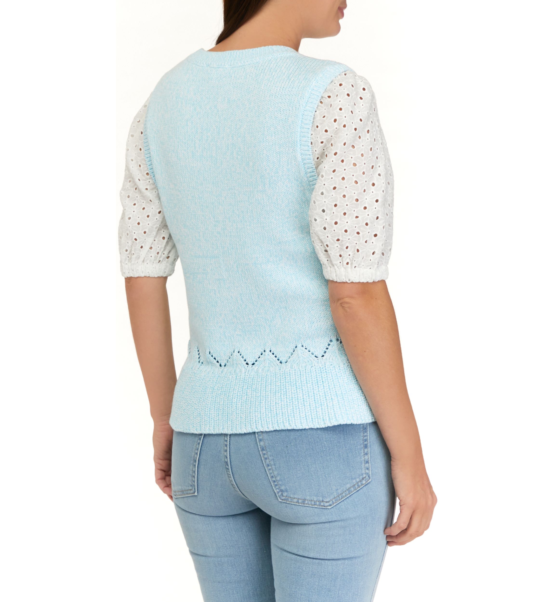 Womens 2Fer Eyelet Puff Sleeve Sweater