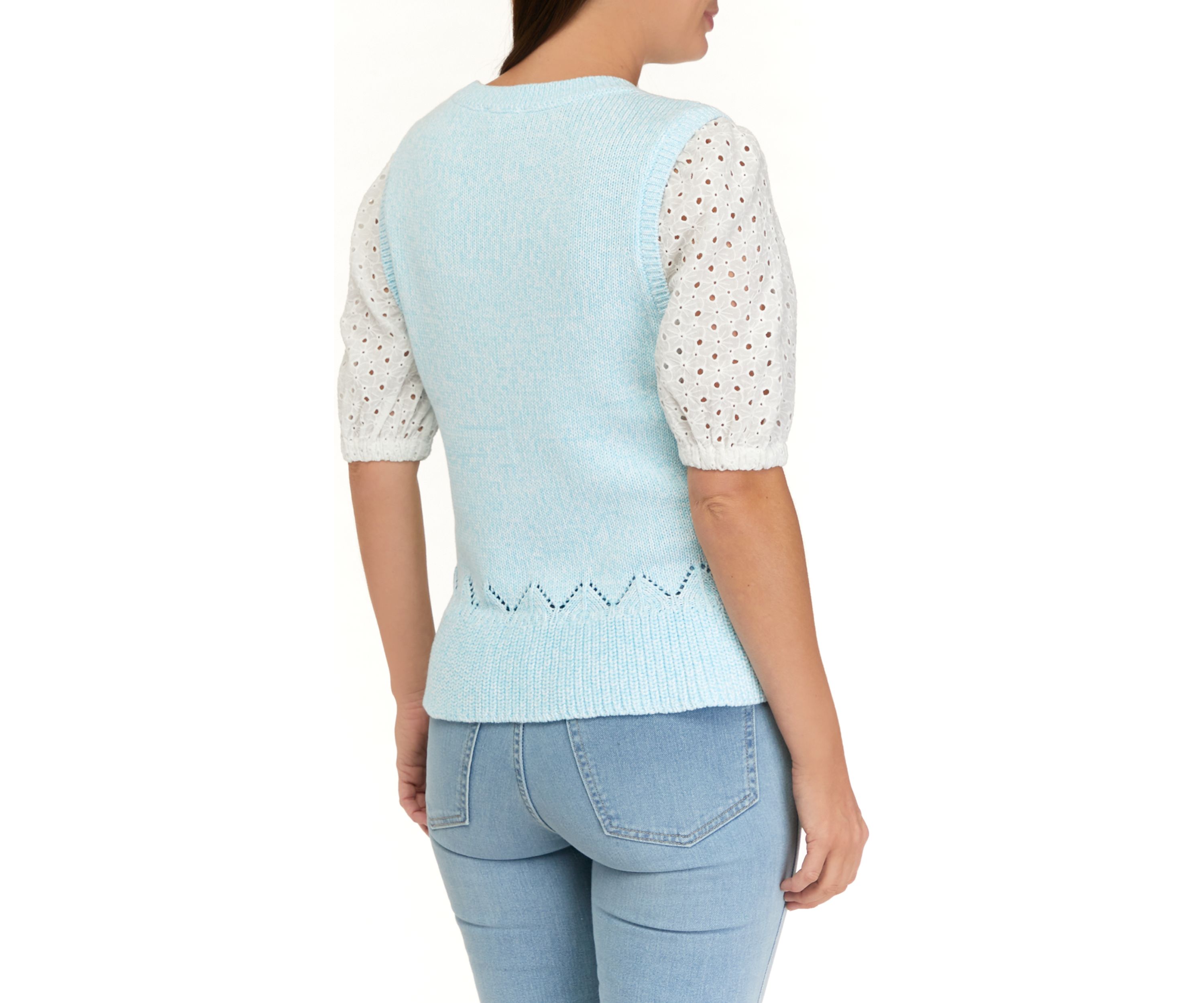 Womens 2Fer Eyelet Puff Sleeve Sweater