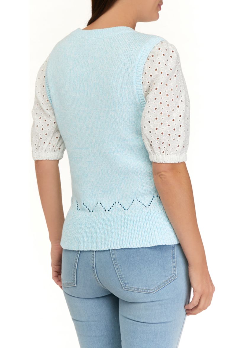 Womens 2Fer Eyelet Puff Sleeve Sweater