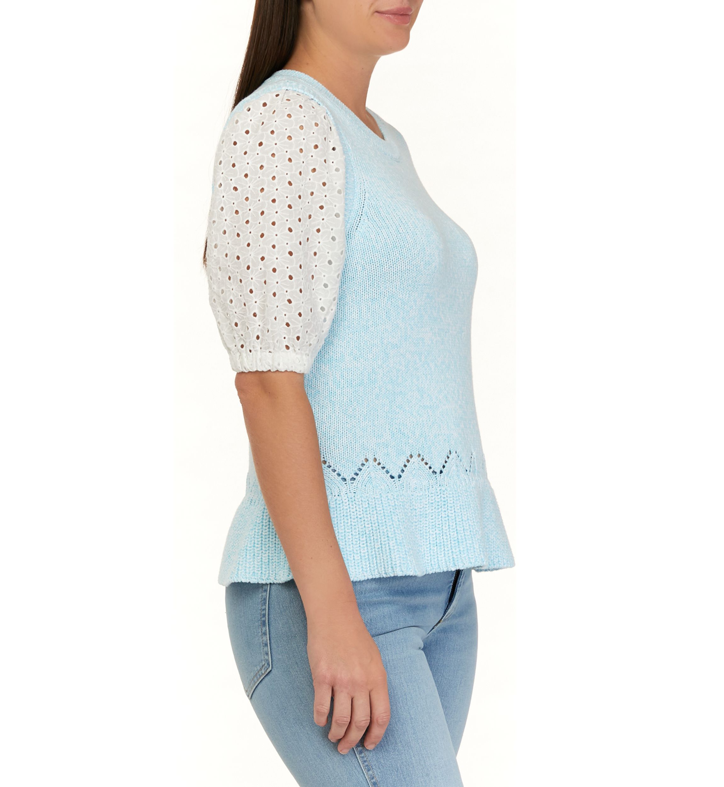 Womens 2Fer Eyelet Puff Sleeve Sweater
