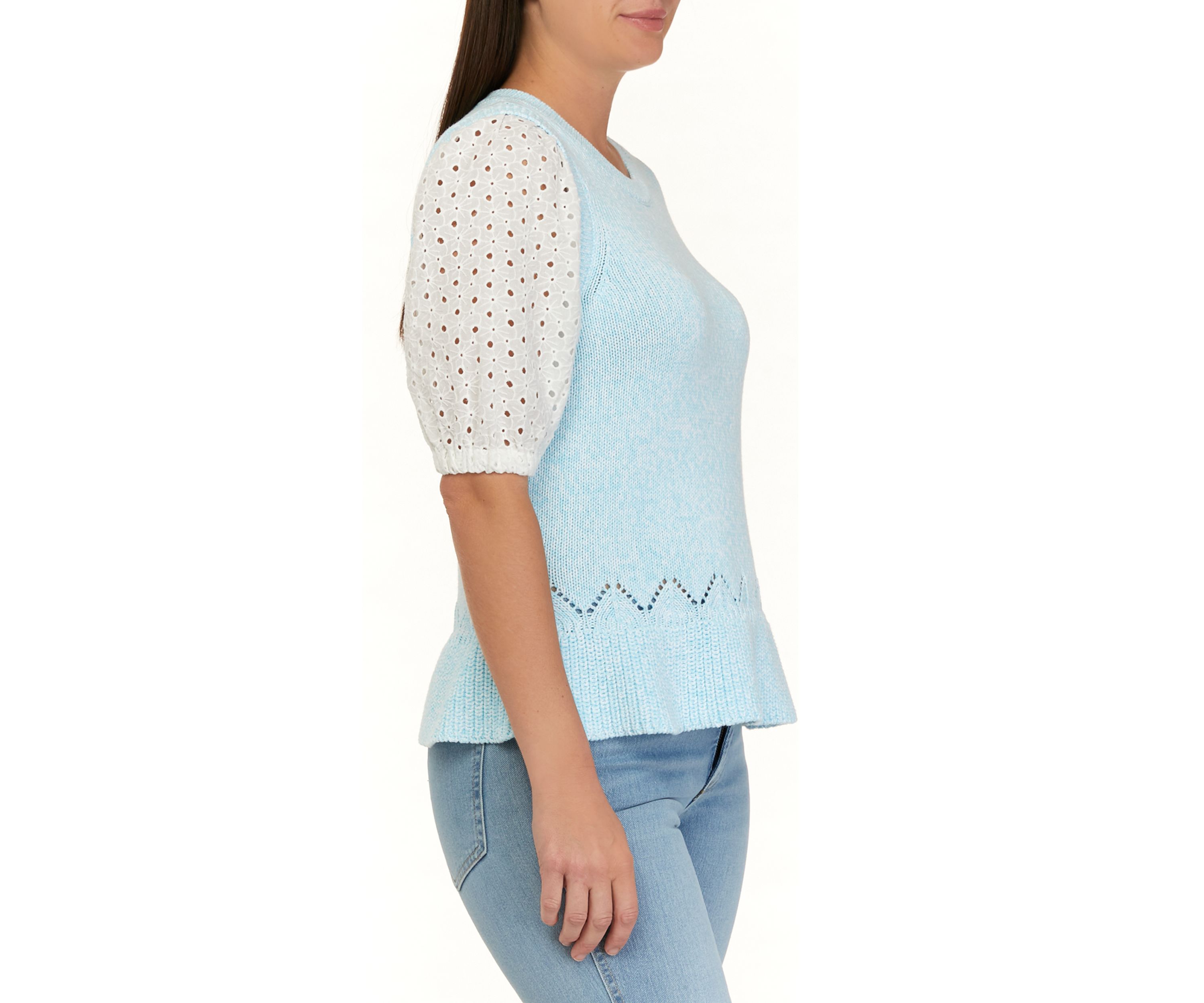 Womens 2Fer Eyelet Puff Sleeve Sweater