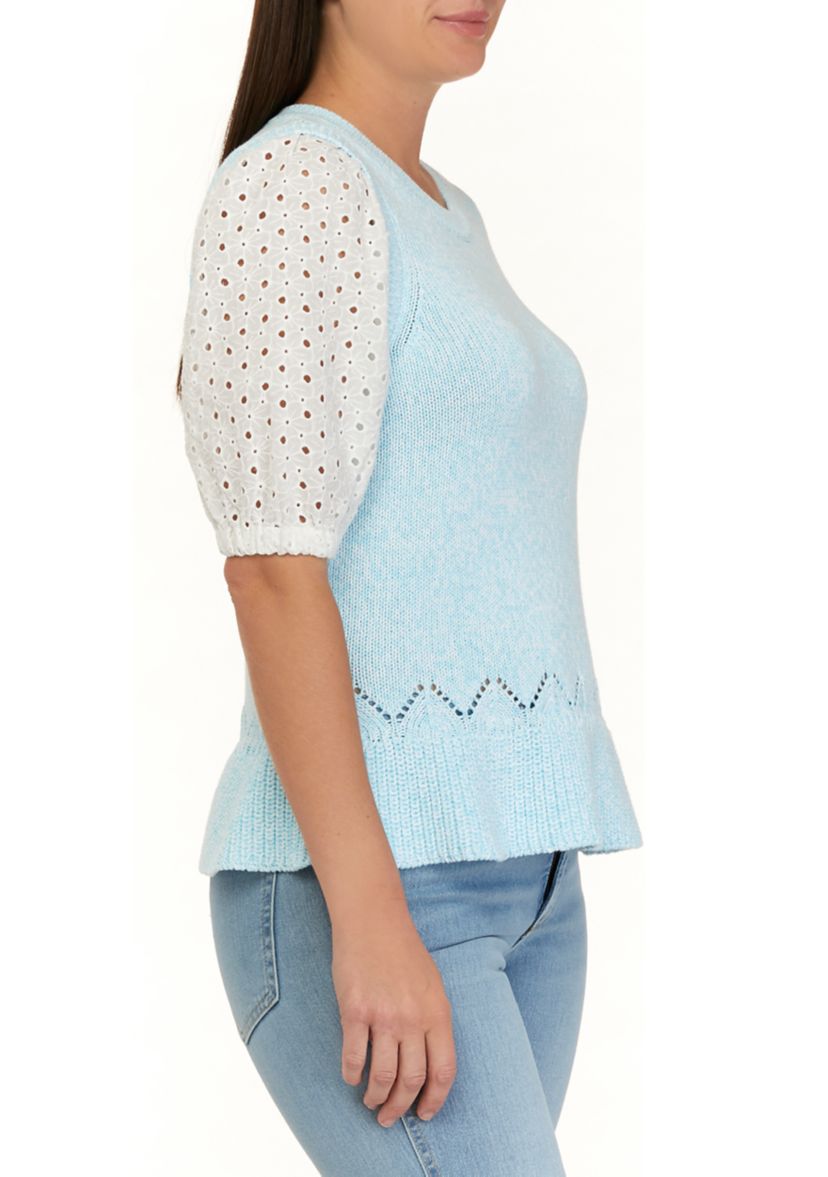 Womens 2Fer Eyelet Puff Sleeve Sweater