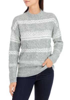 Women's Mixed Cable Knit Fair Isle Stripe Sweater