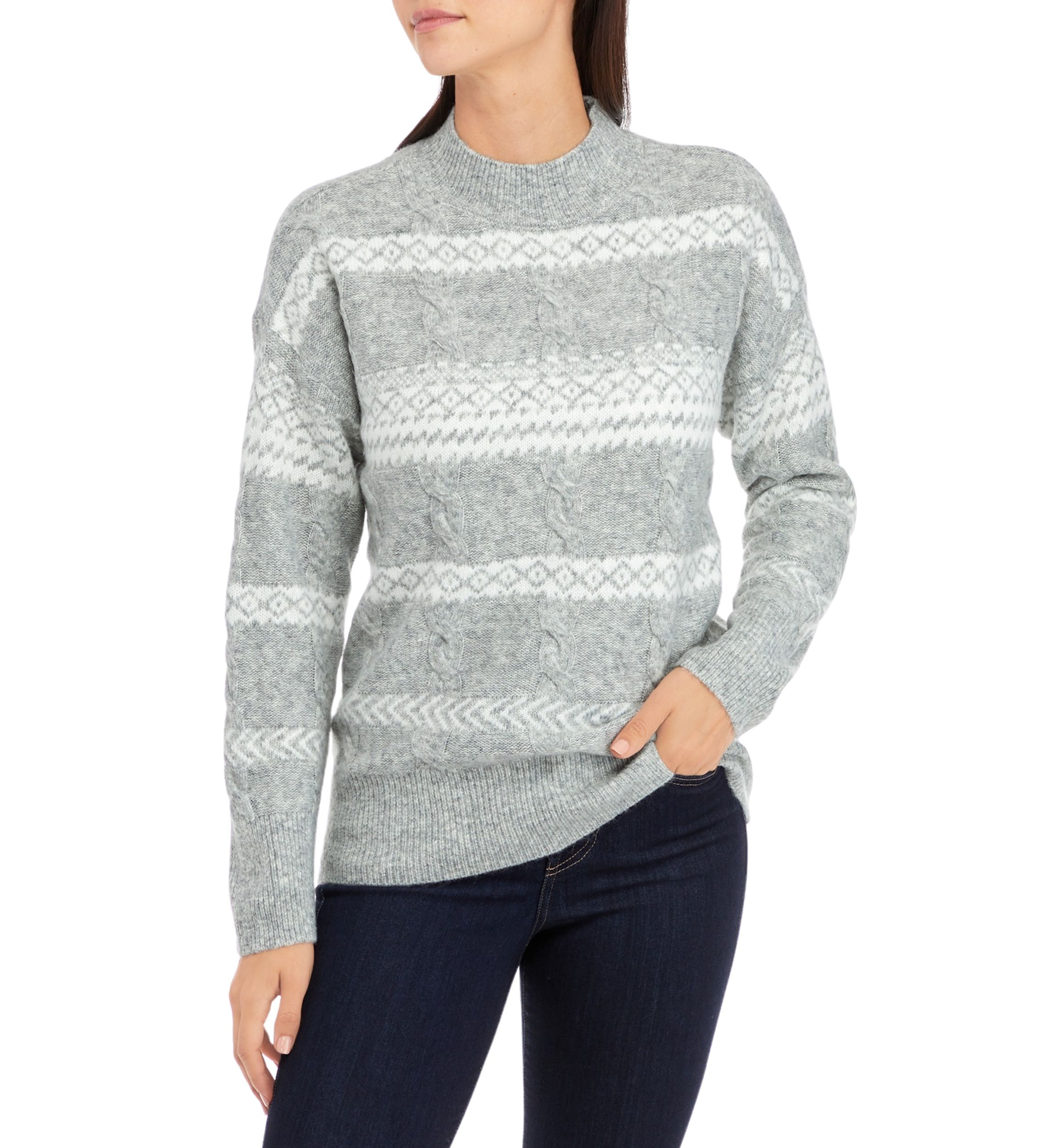 Womens Mixed Cable Knit Fair Isle Stripe Sweater