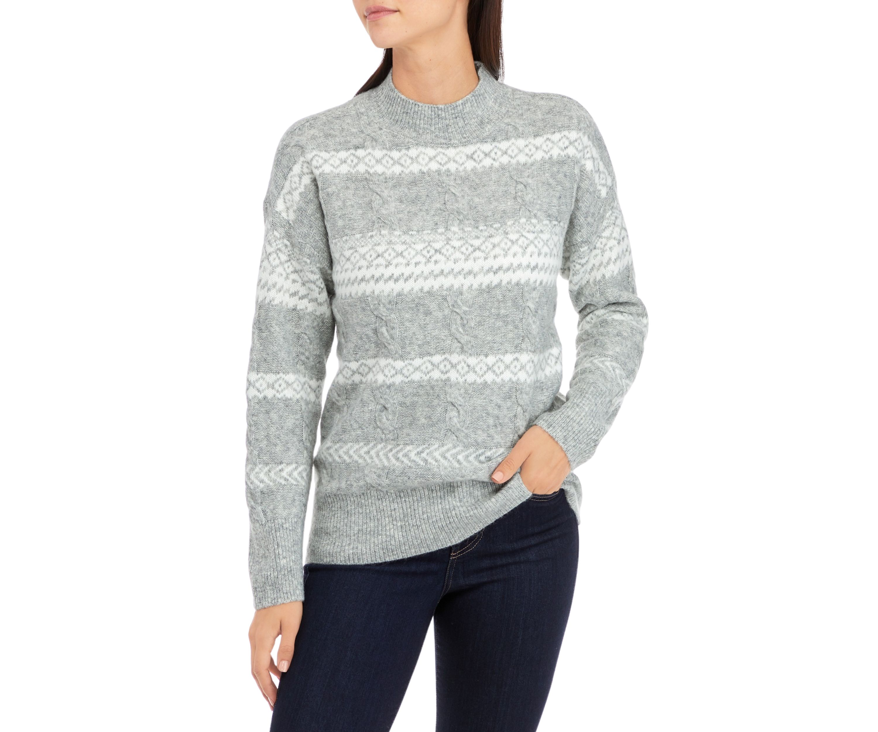 Womens Mixed Cable Knit Fair Isle Stripe Sweater