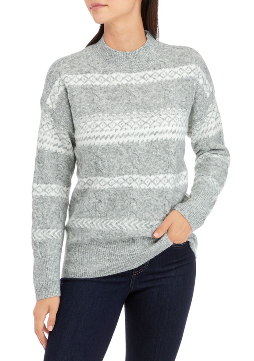Womens Mixed Cable Knit Fair Isle Stripe Sweater