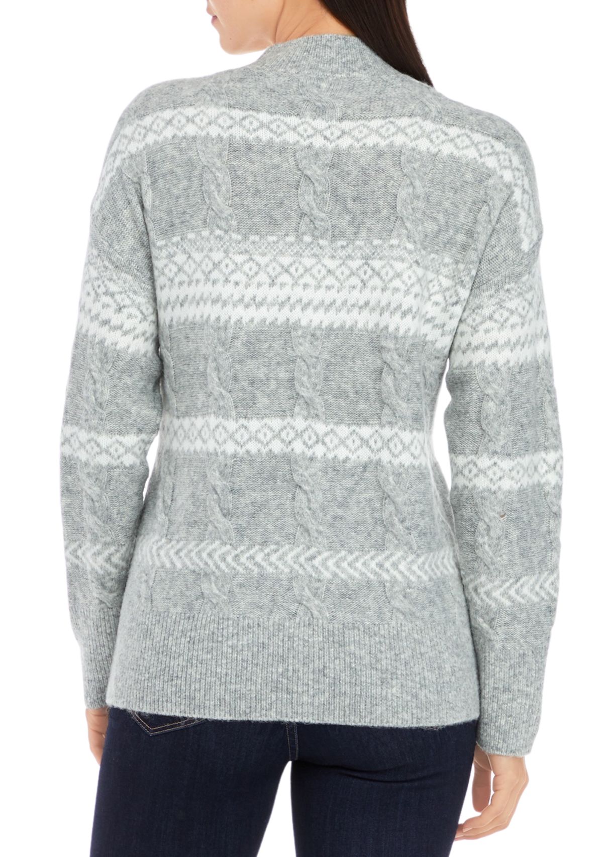 Womens Mixed Cable Knit Fair Isle Stripe Sweater
