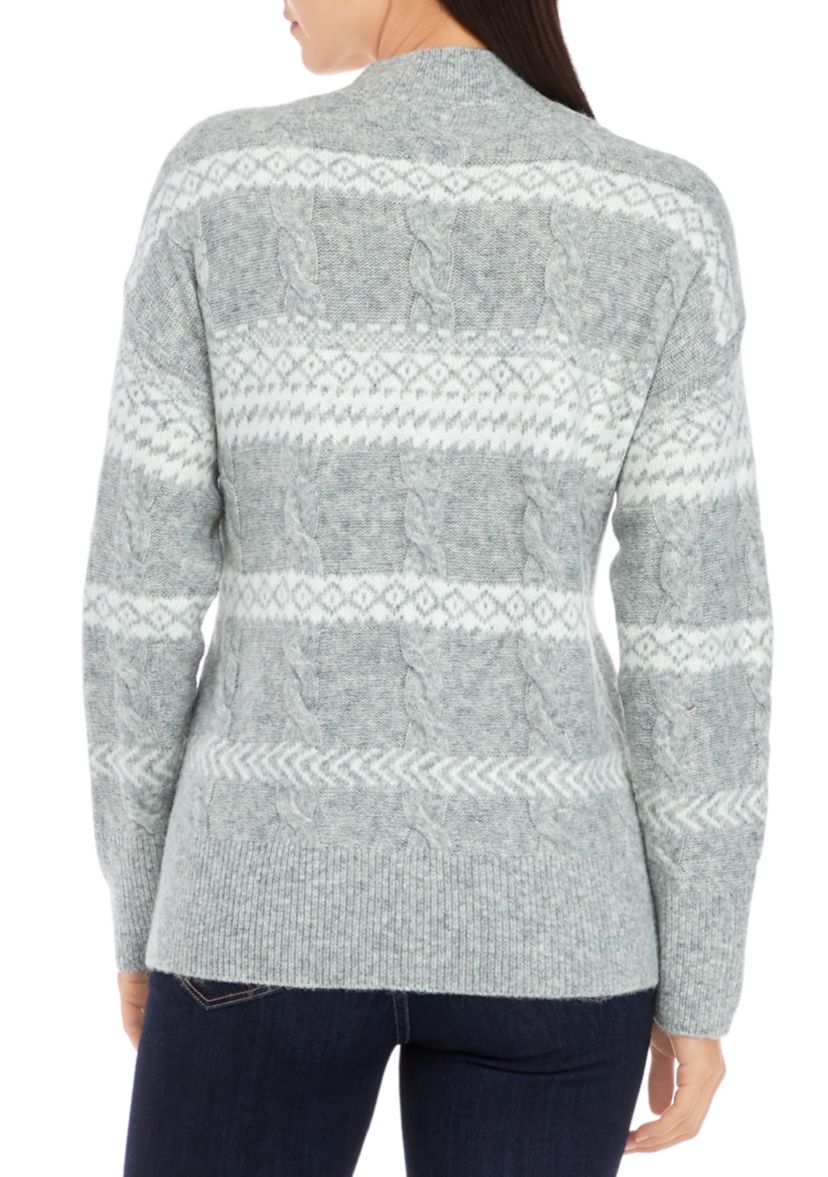 Womens Mixed Cable Knit Fair Isle Stripe Sweater