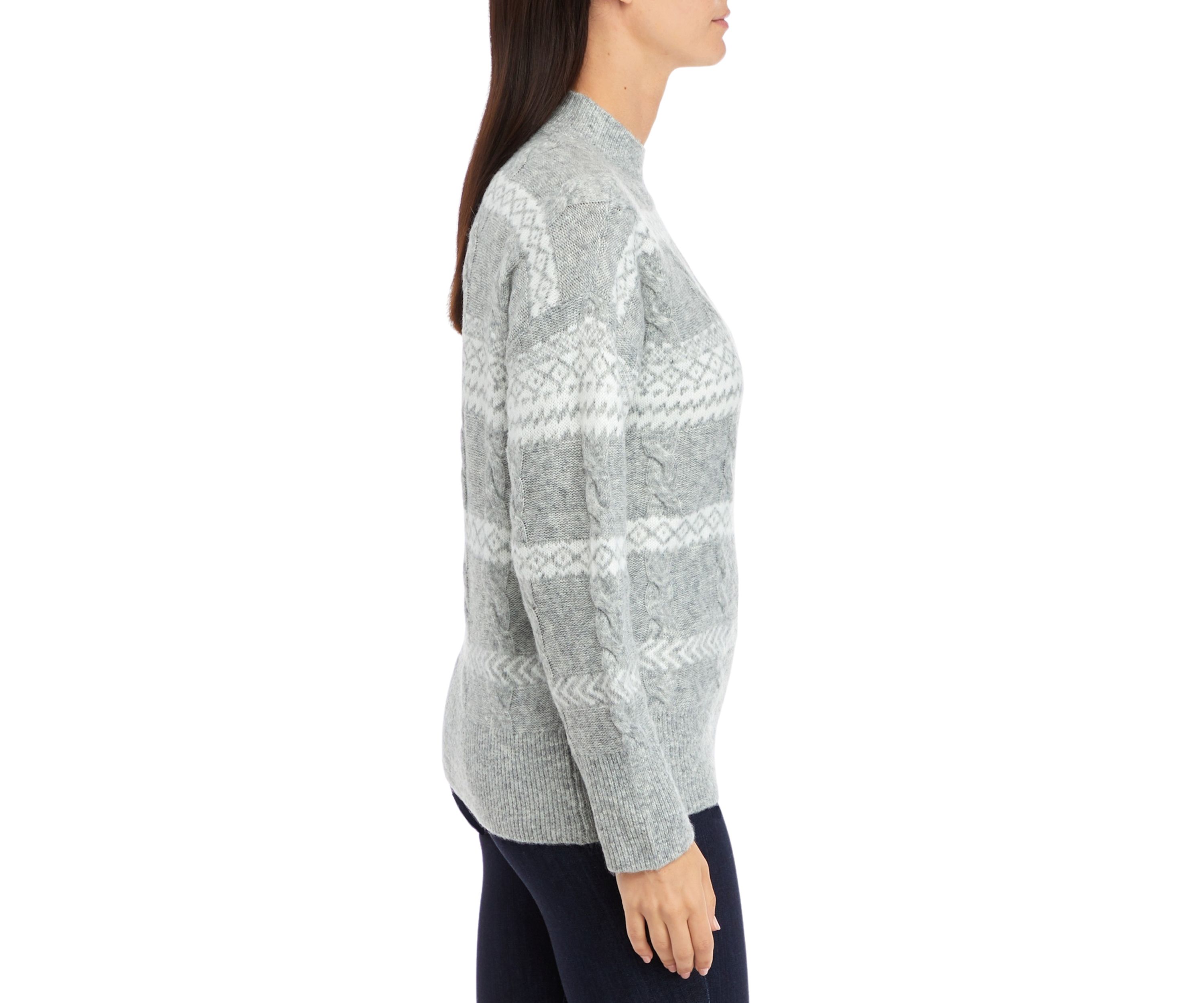 Womens Mixed Cable Knit Fair Isle Stripe Sweater