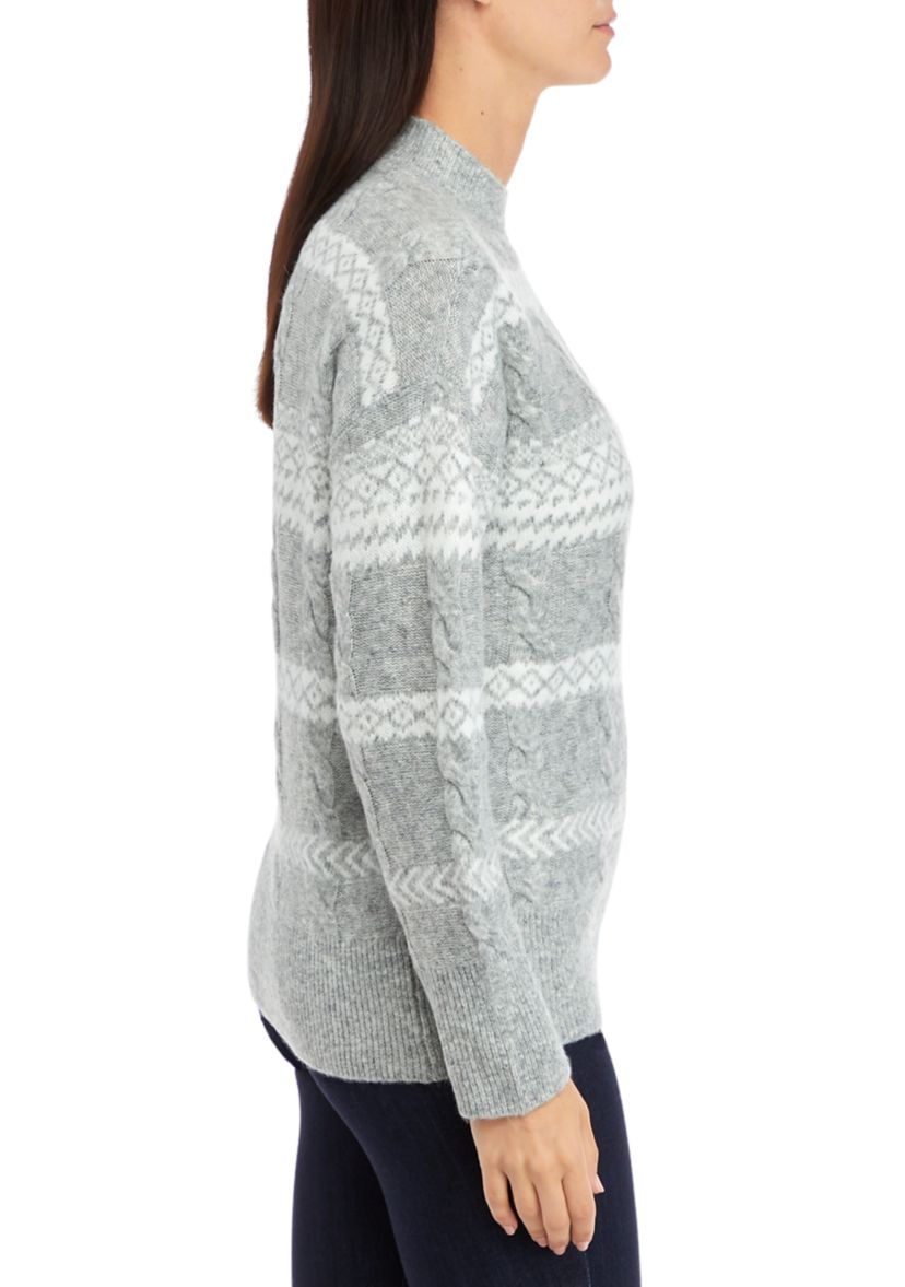Womens Mixed Cable Knit Fair Isle Stripe Sweater