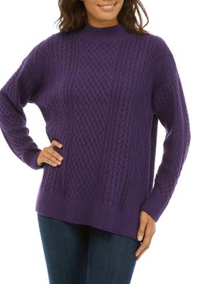 Mock Neck Cable Knit Tunic Sweater