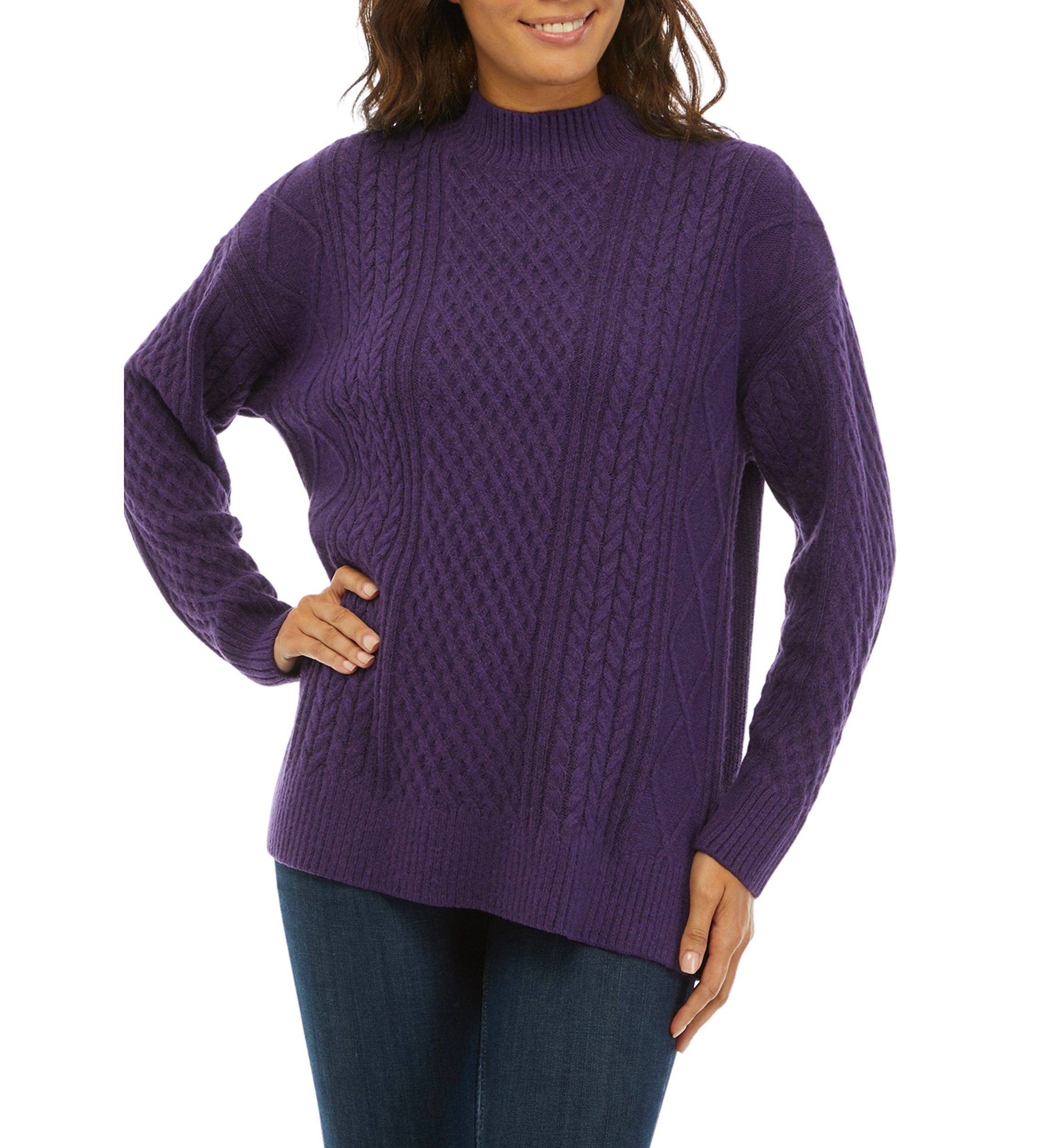 Mock Neck Cable Knit Tunic Sweater