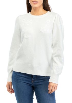 Crown & Ivy Women's Floral Embroidered Sweater, White, XXL