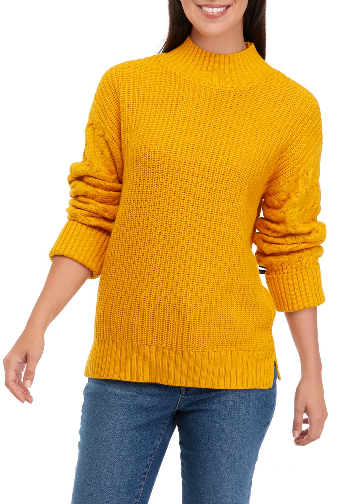 Womens Mock Neck Cuff Sleeve Sweater 