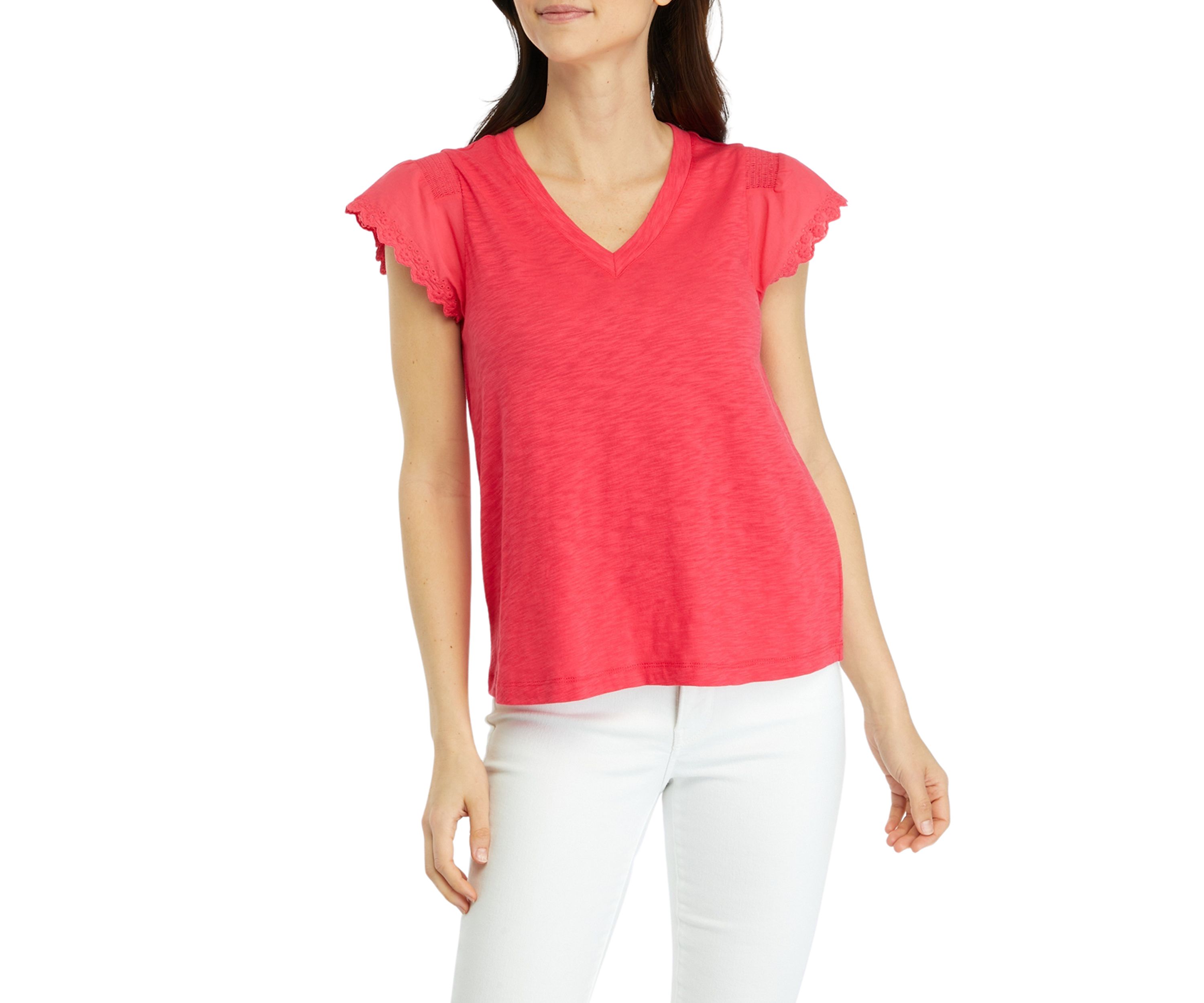 Womens Smocked Eyelet Trim Top