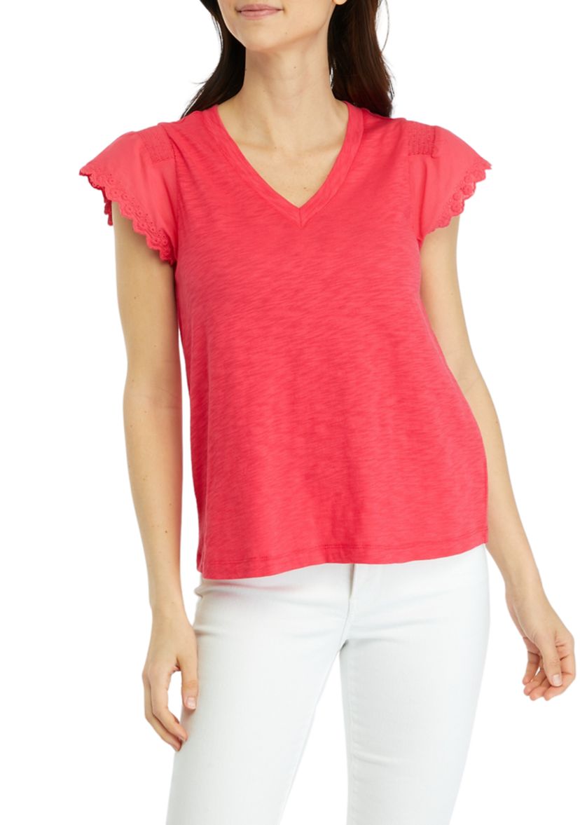 Womens Smocked Eyelet Trim Top