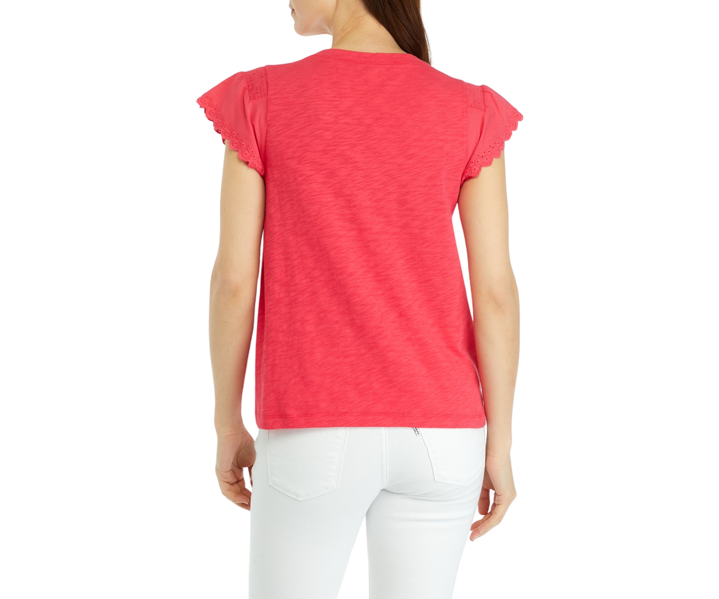 Womens Smocked Eyelet Trim Top