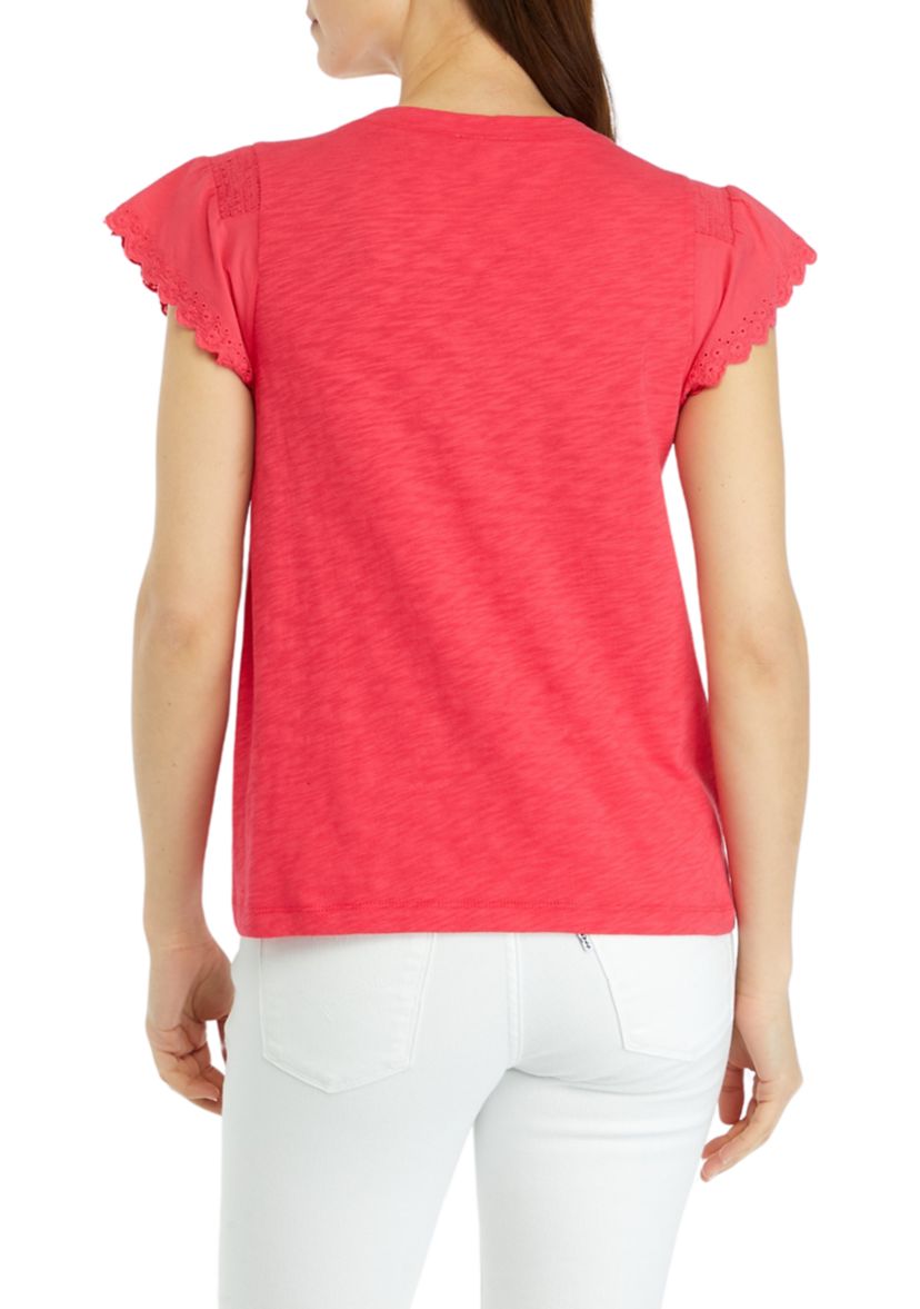 Womens Smocked Eyelet Trim Top
