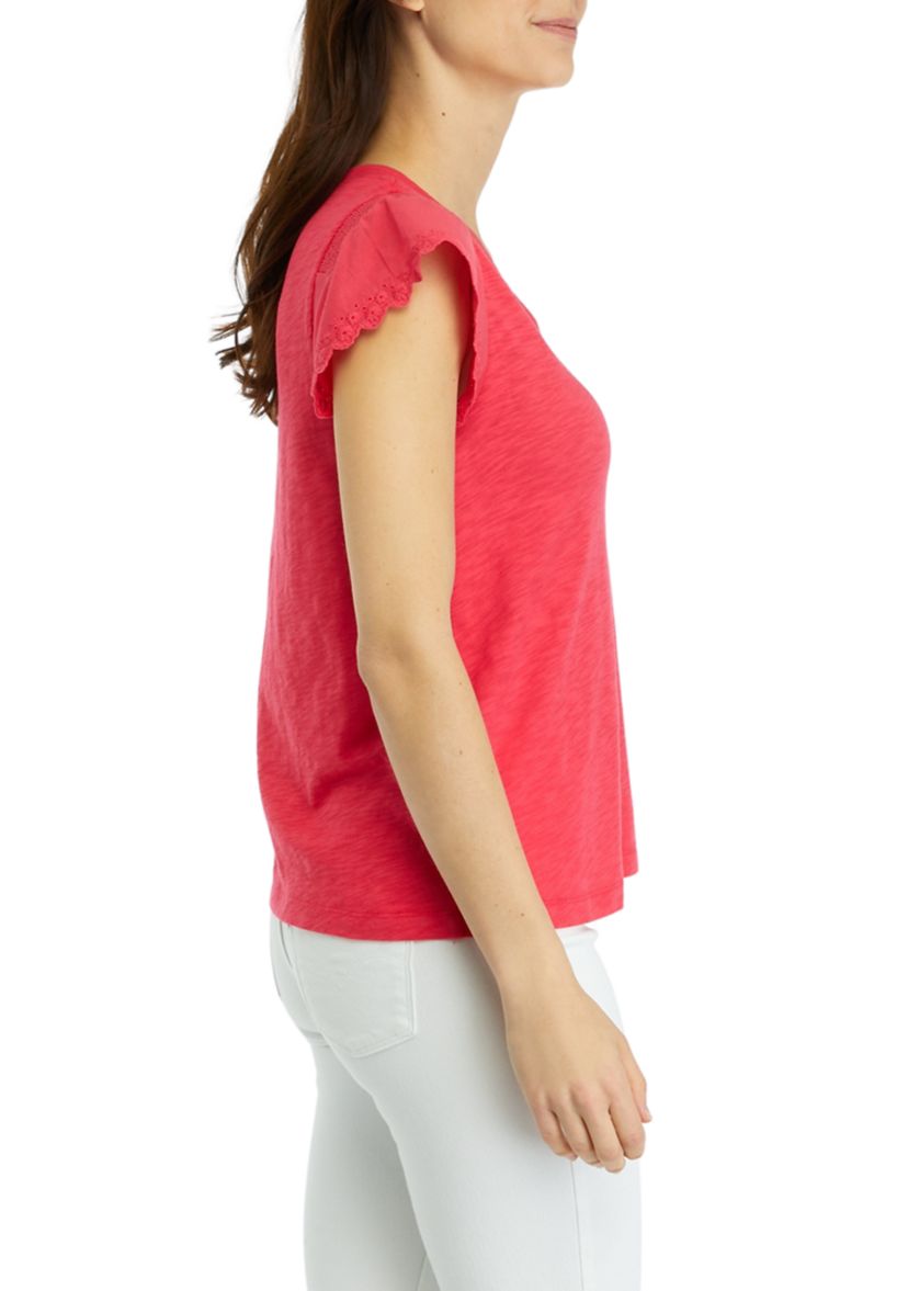 Womens Smocked Eyelet Trim Top