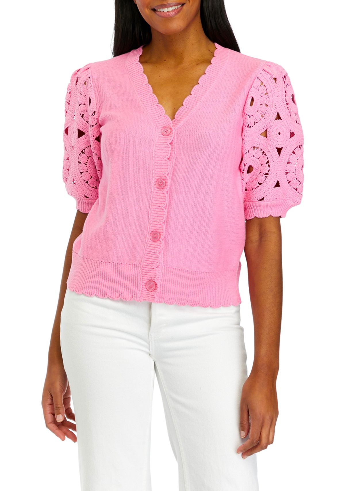 Womens Crochet Sleeve Scalloped Cardigan