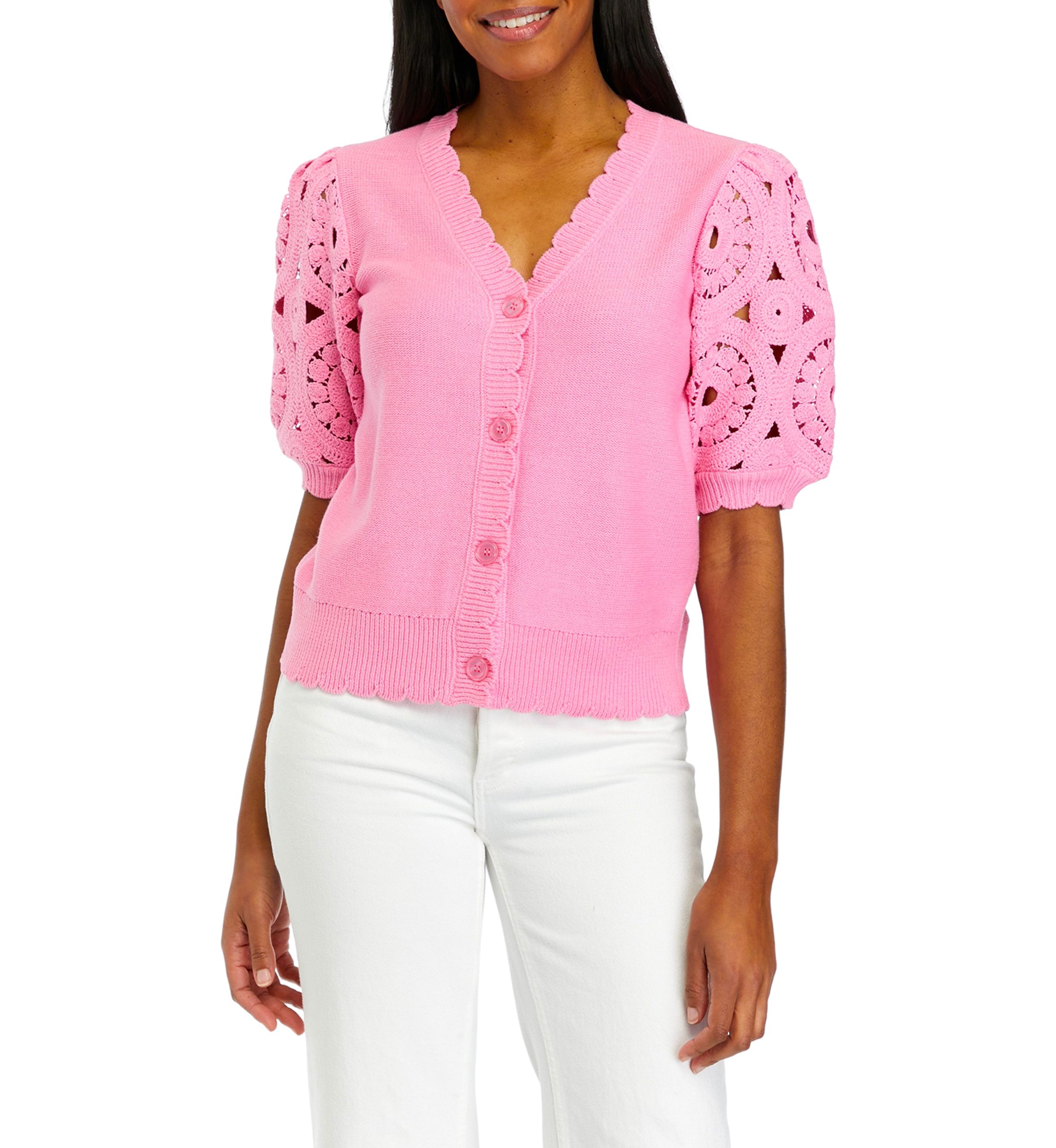 Womens Crochet Sleeve Scalloped Cardigan