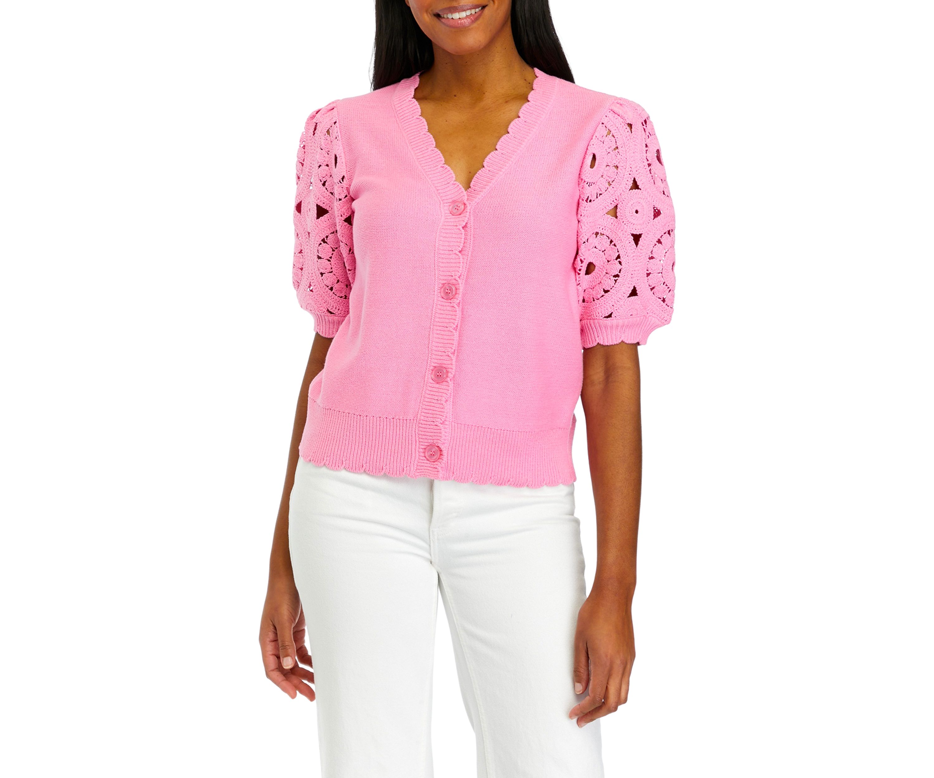 Womens Crochet Sleeve Scalloped Cardigan