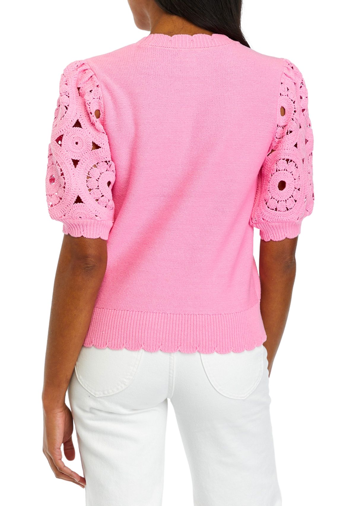 Womens Crochet Sleeve Scalloped Cardigan