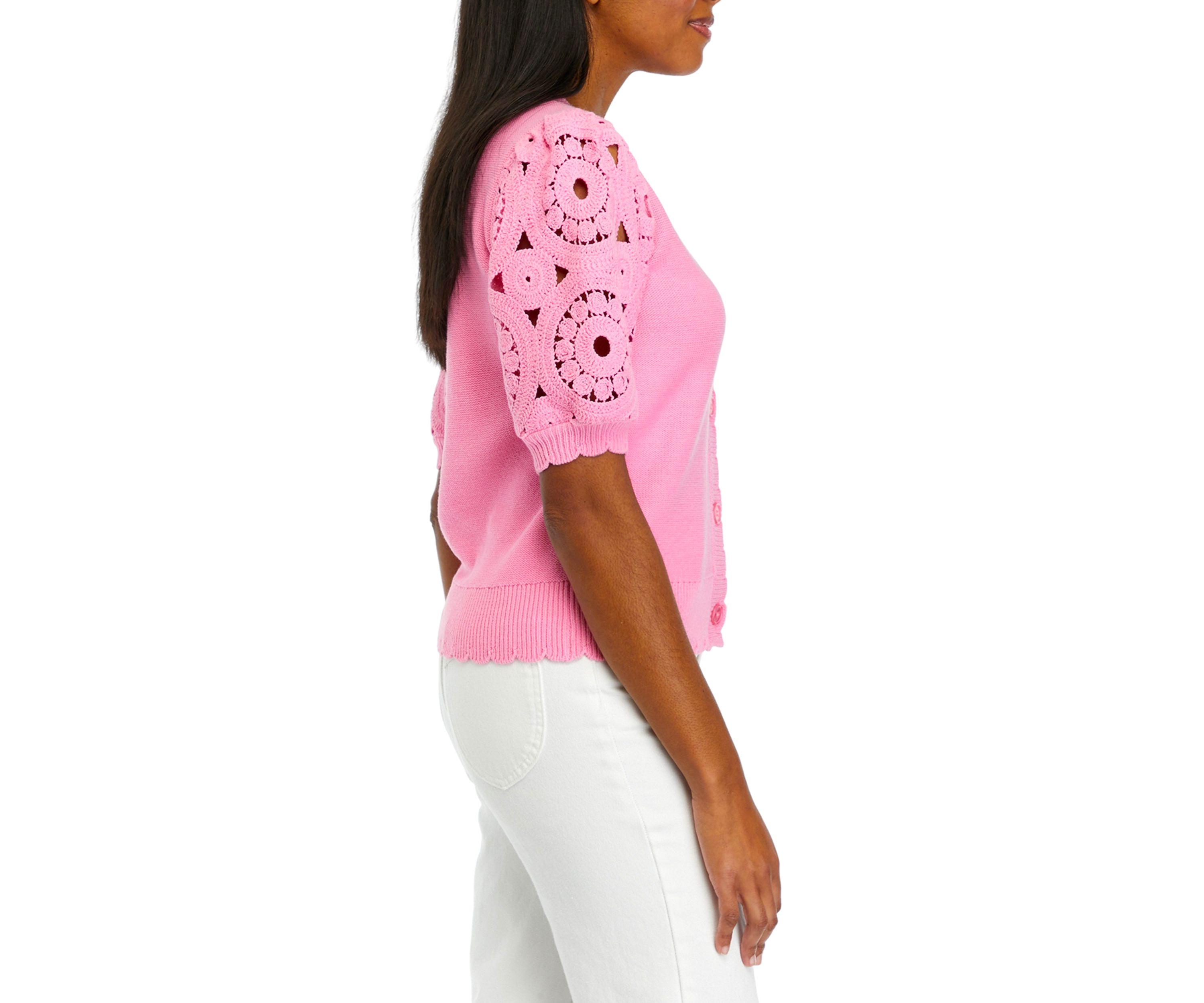 Womens Crochet Sleeve Scalloped Cardigan