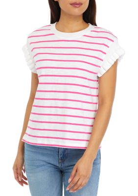 Women's Ruffle Trim Striped Sweater Knit Top