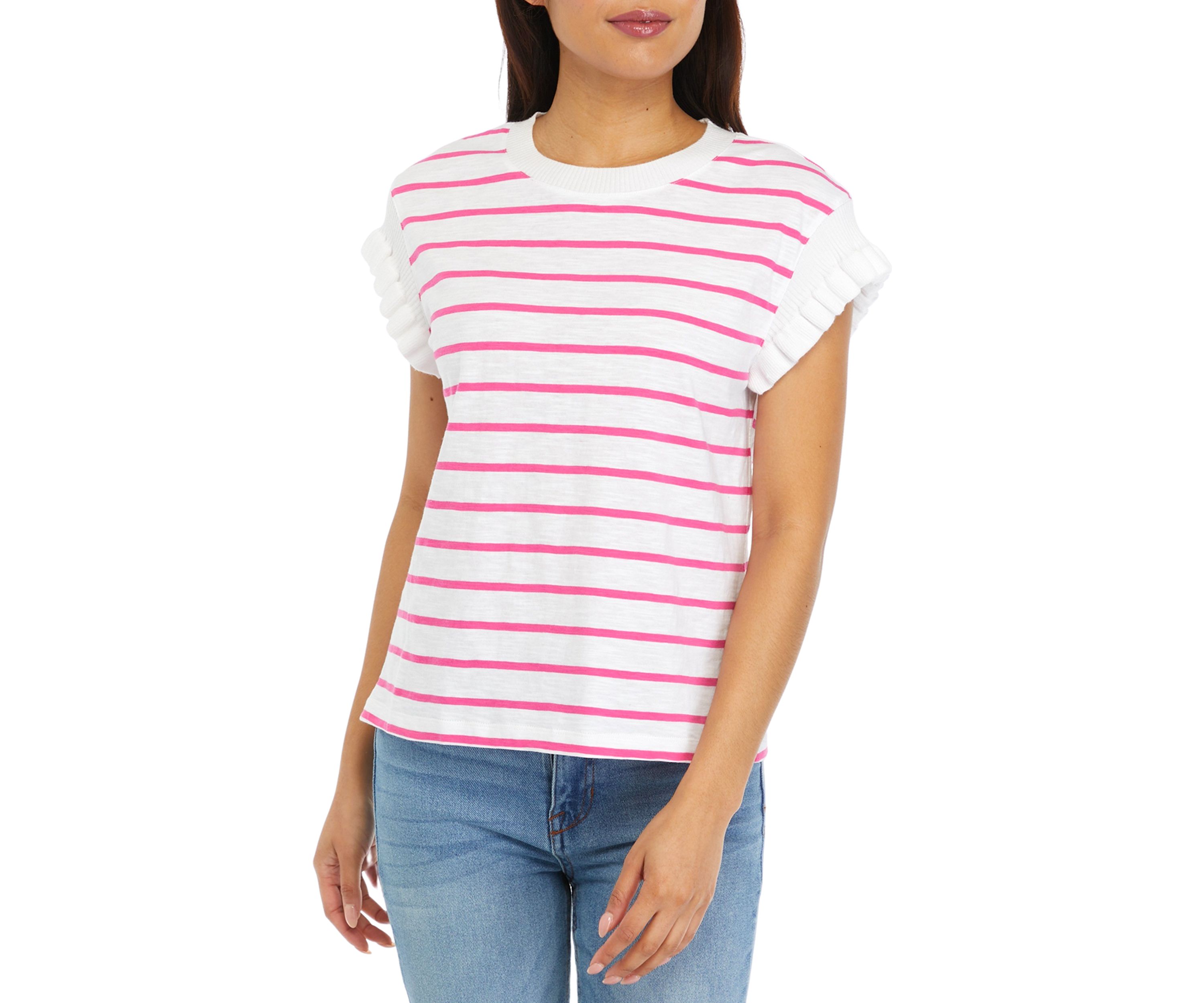 Womens Ruffle Trim Striped Sweater Knit Top