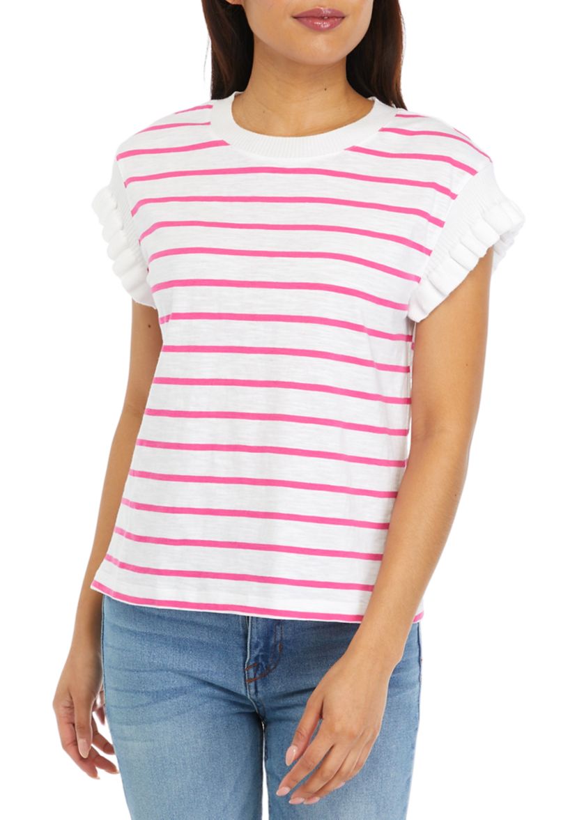 Womens Ruffle Trim Striped Sweater Knit Top