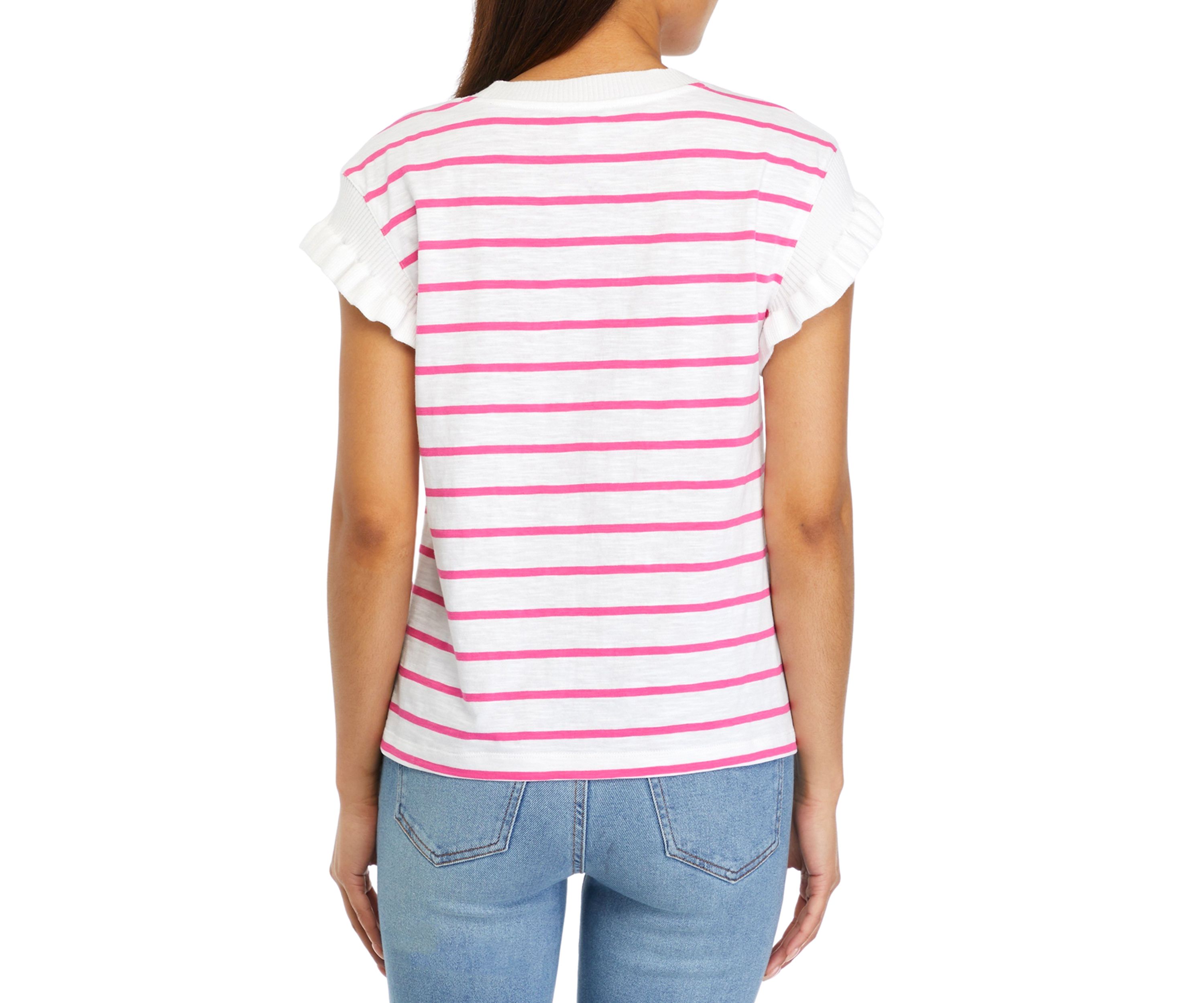 Womens Ruffle Trim Striped Sweater Knit Top