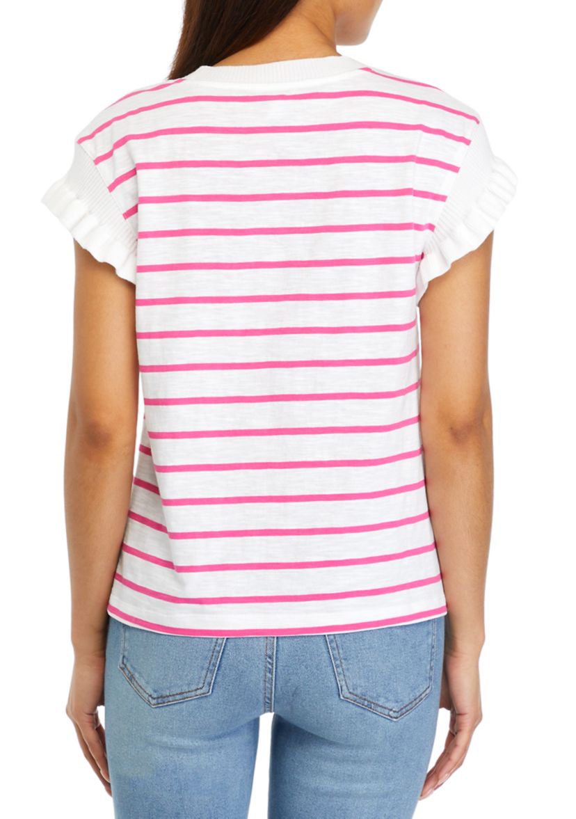 Womens Ruffle Trim Striped Sweater Knit Top