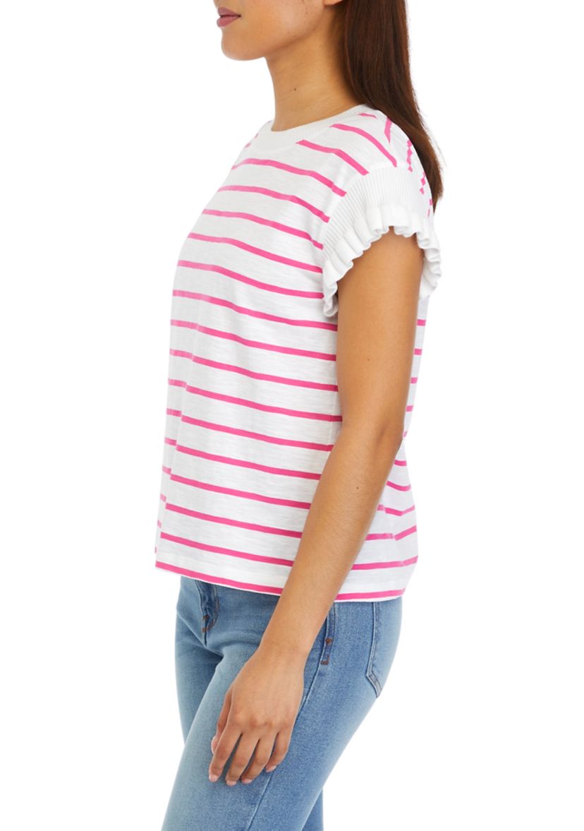 Womens Ruffle Trim Striped Sweater Knit Top