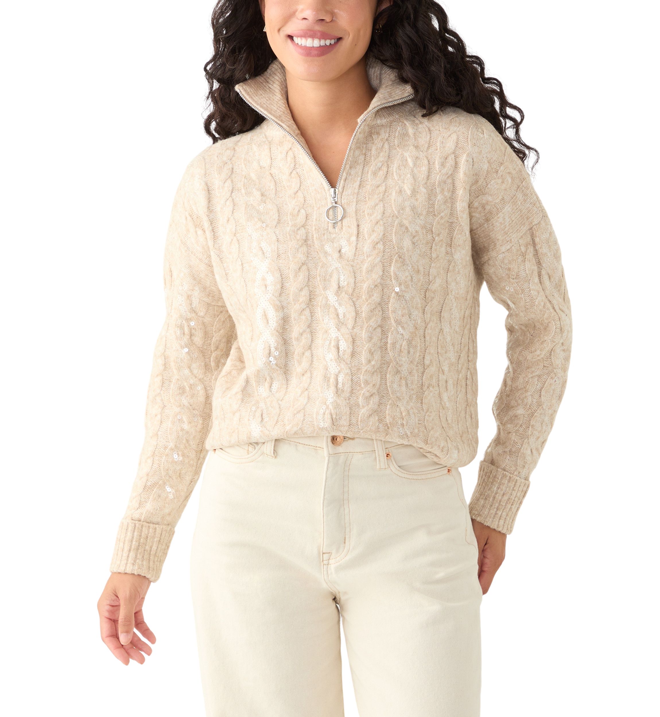 Petite Sequin Cable Knit Turtleneck Sweater