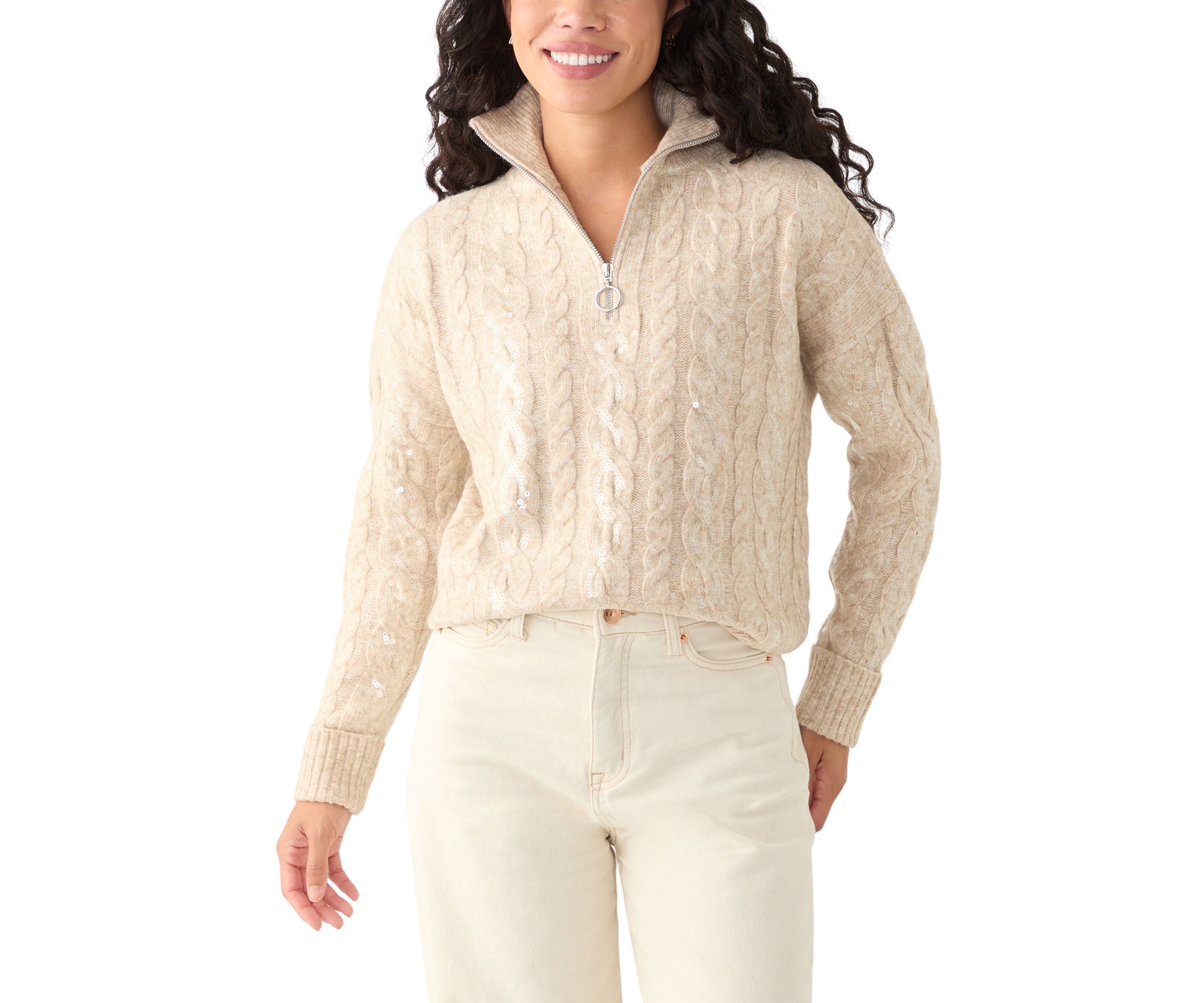 Petite Sequin Cable Knit Turtleneck Sweater
