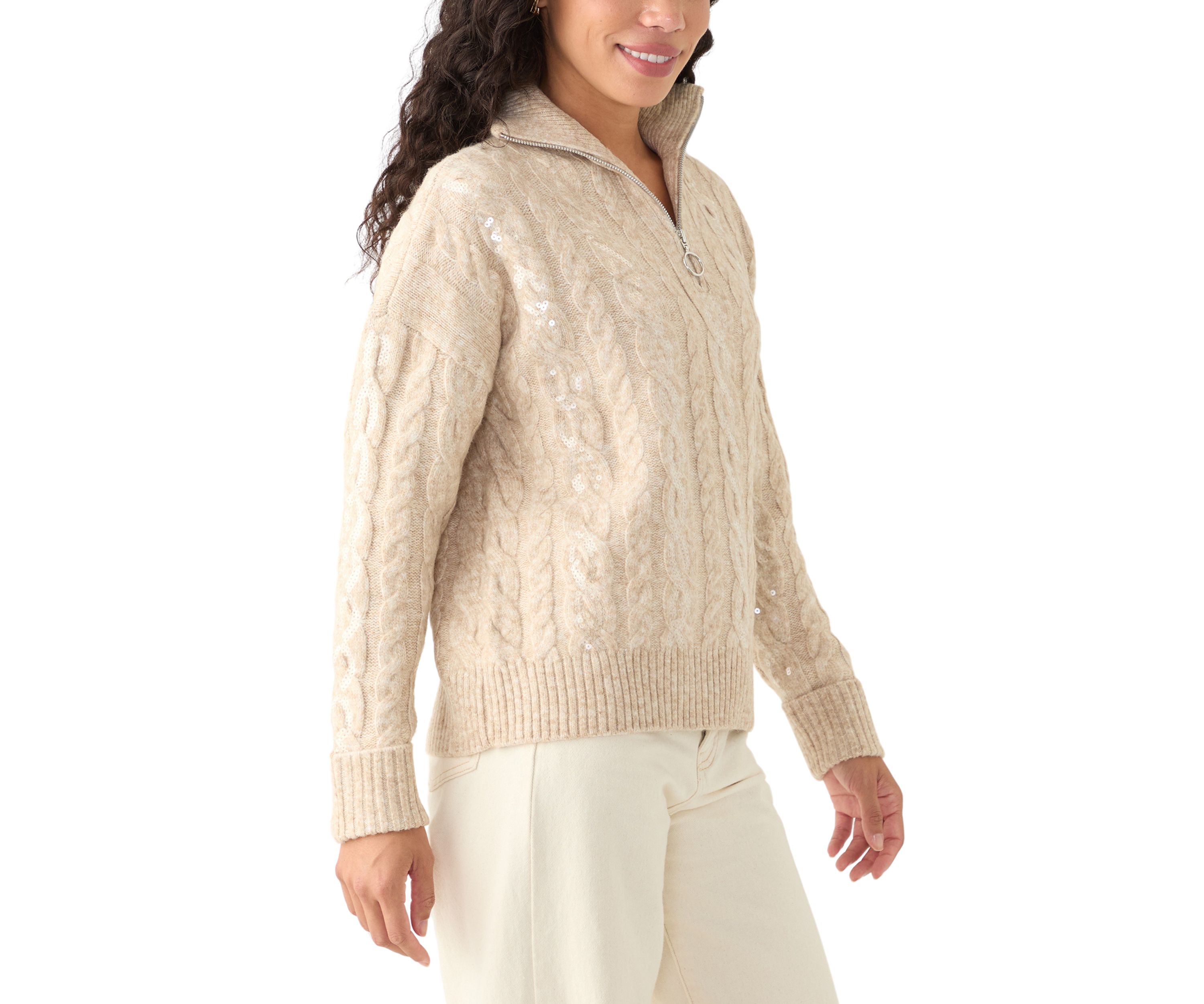 Petite Sequin Cable Knit Turtleneck Sweater