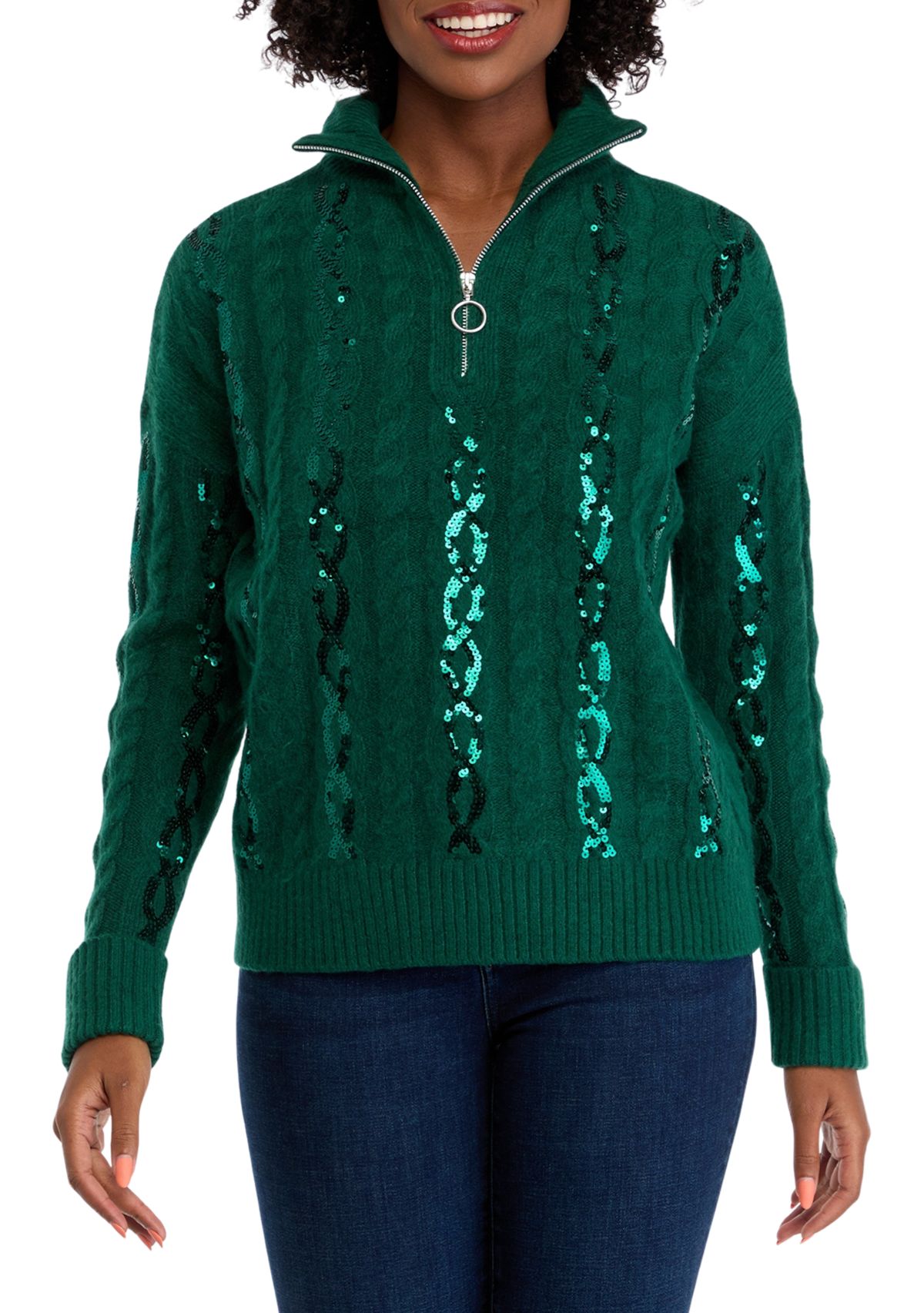 Womens Sequin 1/4 Zip Sweater Knit Pullover