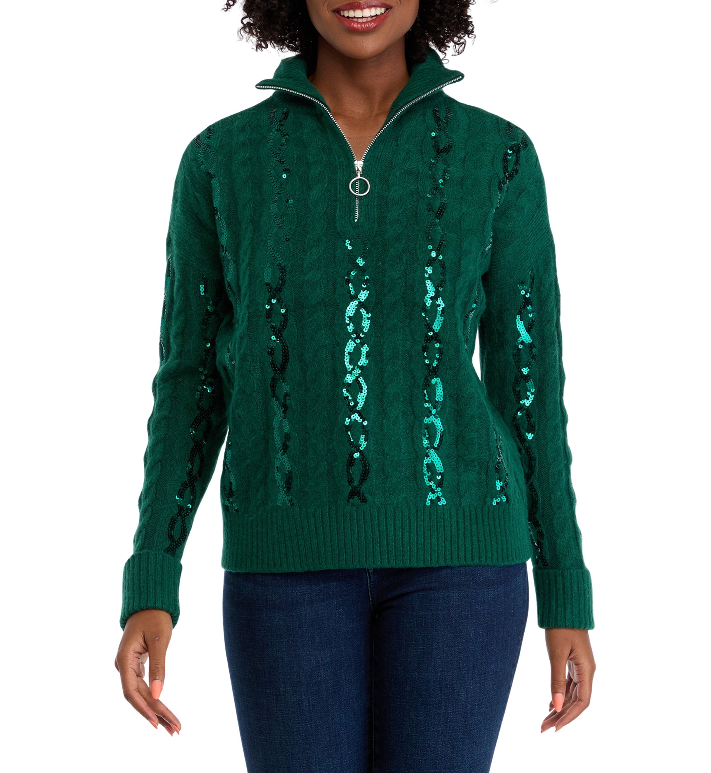 Womens Sequin 1/4 Zip Sweater Knit Pullover